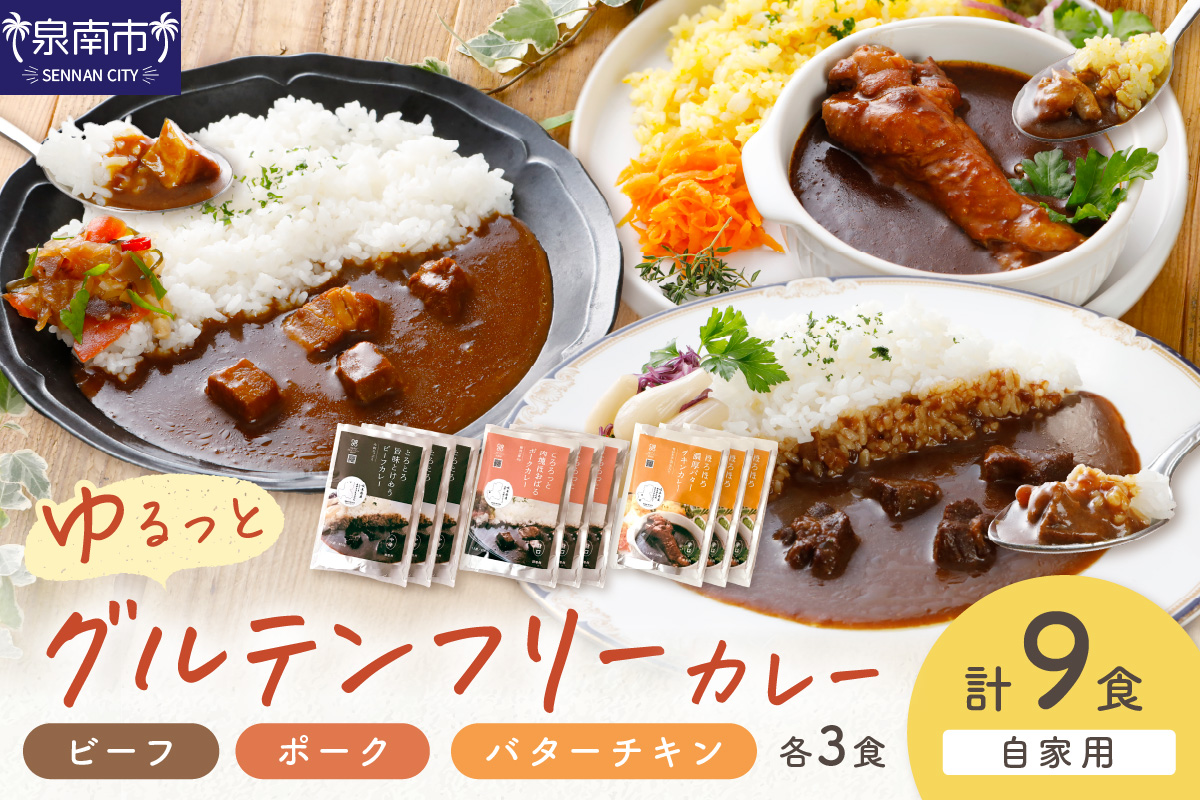 【自家用 化粧箱なし】ゆるっとグルテンフリーカレー ビーフ（中辛）ポーク（甘口）バターチキン（辛口）合計9食セット【092D-011】