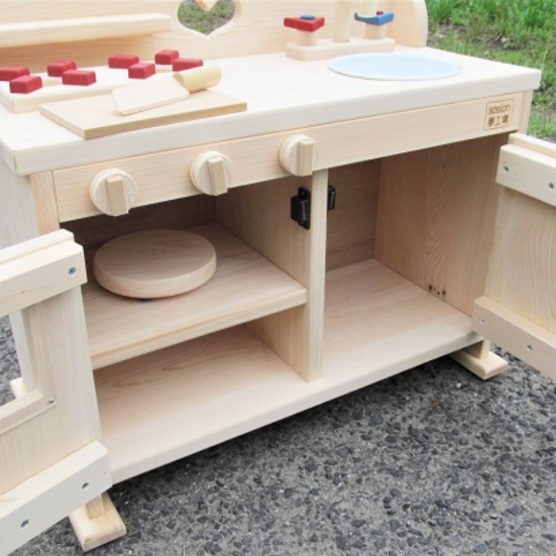 手作り木製ままごとキッチン・大きなレンジ付き DHK・桧【007A-059】