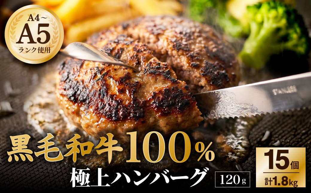 【A4〜A5ランクの黒毛和牛100%】 ハンバーグ 120g×15個 （計1.8kg） ／ 黒毛和牛 黒毛和種 和牛 国産牛 牛肉 お肉 肉 大阪府 阪南市 冷凍