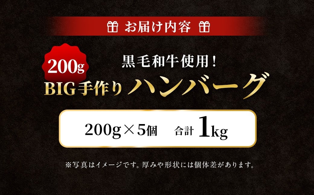 黒毛和牛使用！ 200gのBIG手作りハンバーグ 200g×5個 （計1kg） ／ 黒毛和牛 黒毛和種 和牛 国産牛 牛肉 お肉 肉 大阪府 阪南市 冷凍