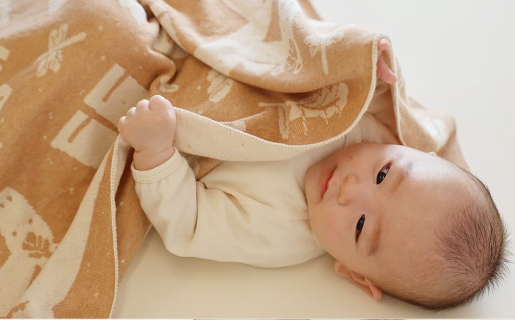 【生成 × 茶綿】 干支柄 （午年） アフガン【7営業日程度で発送】｜オーガニックコットン 布 おくるみ ひざ掛け ブランケット 赤ちゃん ベビー 生成 キナリ 草木染 出産祝い 日本製
