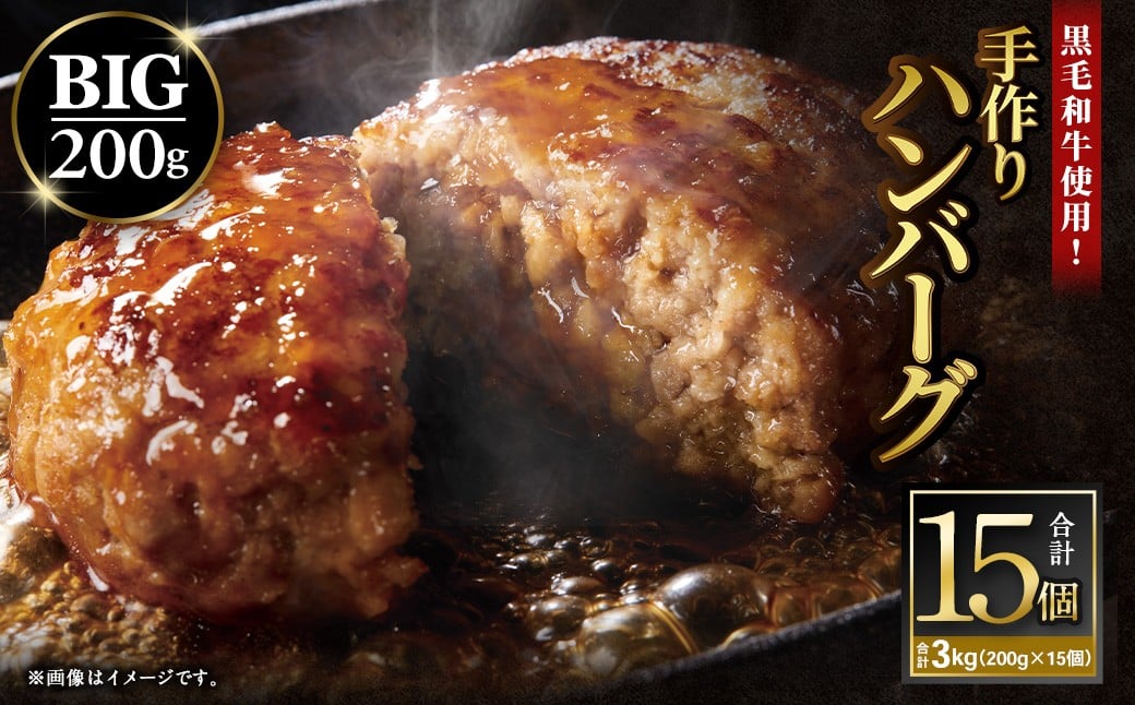 黒毛和牛使用！ 200gのBIG手作りハンバーグ 200g×15個 （計3kg） ／ ハンバーグ 黒毛和牛 黒毛和種 和牛 国産牛 牛肉 お肉 肉 大阪府 阪南市 冷凍