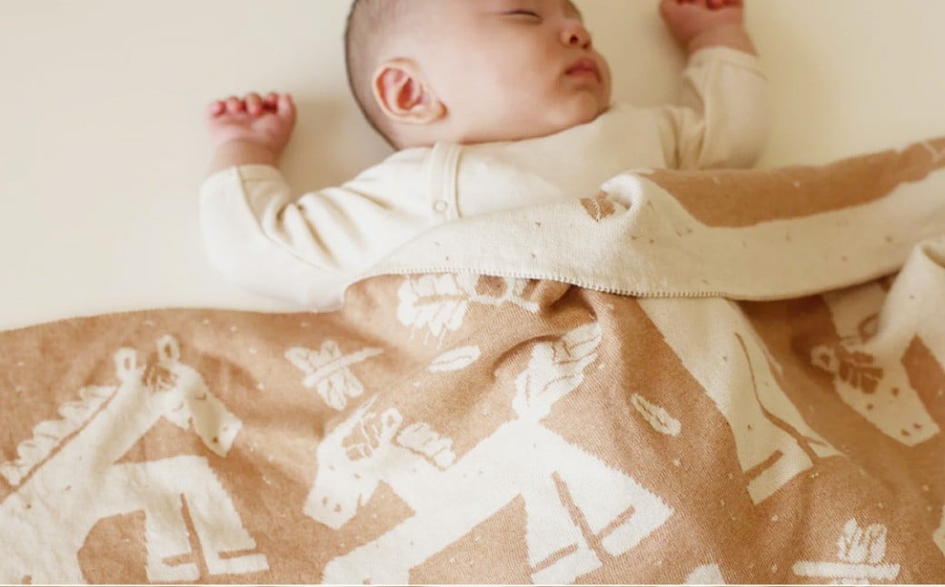 【生成 × 茶綿】 干支柄 （午年） アフガン【7営業日程度で発送】｜オーガニックコットン 布 おくるみ ひざ掛け ブランケット 赤ちゃん ベビー 生成 キナリ 草木染 出産祝い 日本製