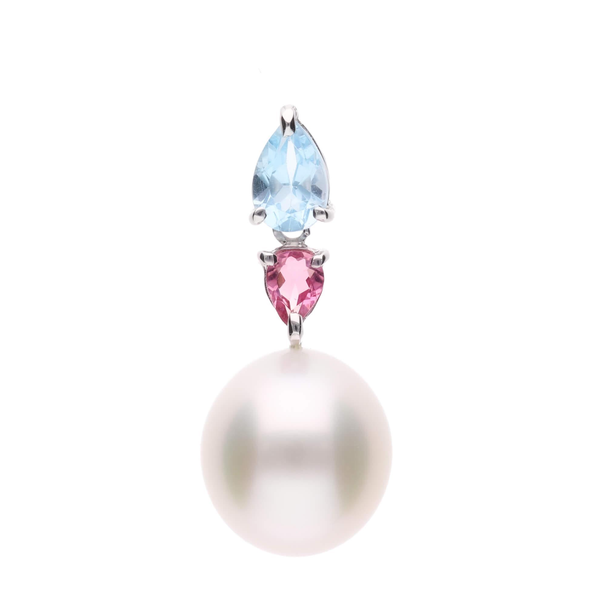 【紫陽花】シロチョウパール（南洋 白蝶真珠） 10mm ショートオーバル ブルートパーズ ピンクトルマリン K18 ホワイトゴールド ペンダントトップ