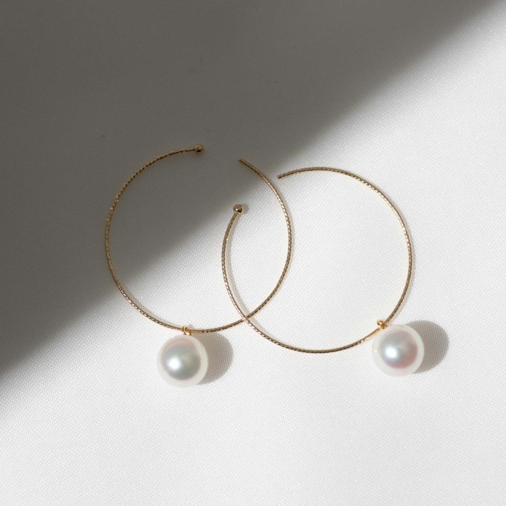 無調色 アコヤ真珠（日本） 7.5mm ラウンド K10 イエローゴールド 30mm(M) フープピアス