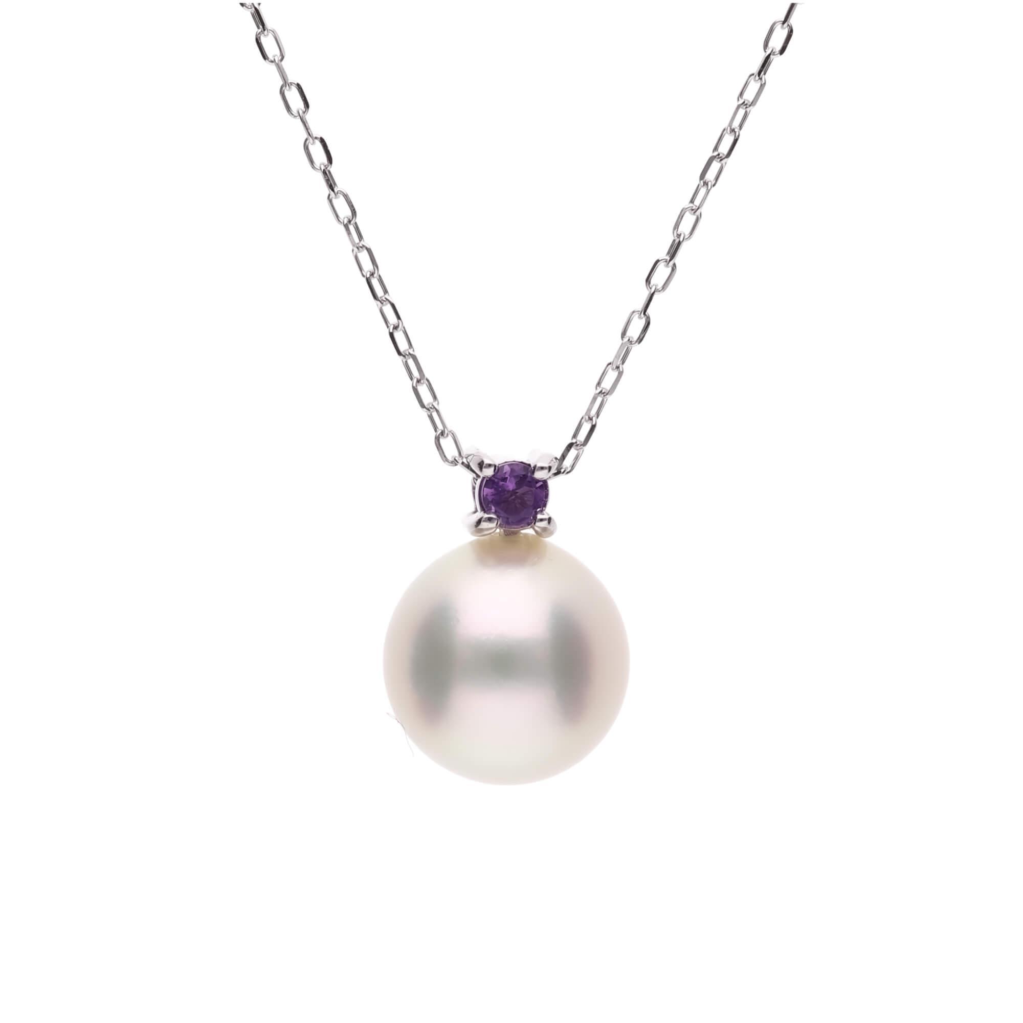 2月 誕生石 アメジスト 無調色 アコヤ真珠（日本） 8.0mm ラウンド Pt900 プラチナ ペンダント ネックレス（チェーン付き）