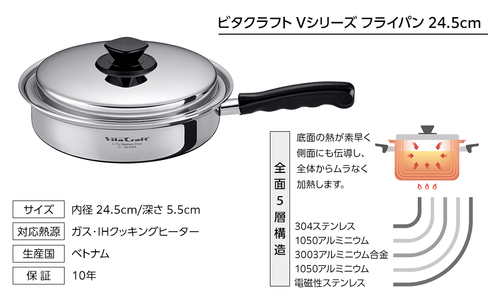 5589 ビタクラフト フライパン 24.5cm Vシリーズ ガス・IH対応 熱しやすく 冷めにくい 全面5層構造 長期10年保証 フライパン キッチン用品 調理器具 料理 焼き物 炒め物 浅型 片手鍋 人気 Vita Craft