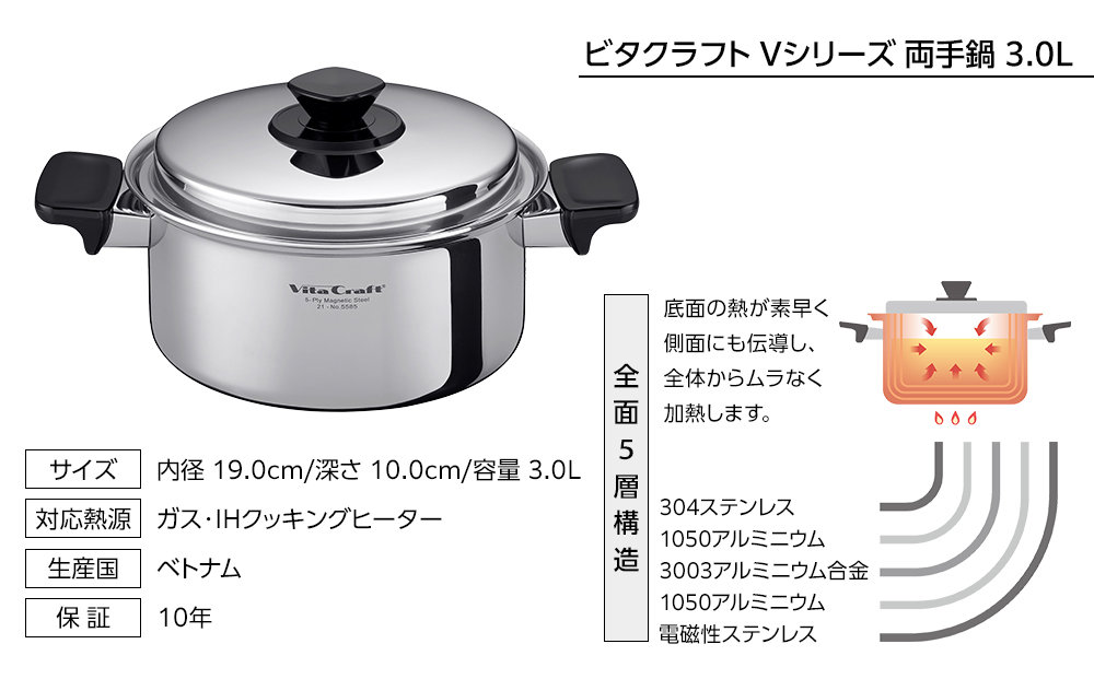 5585 ビタクラフト 両手鍋 3.0L Vシリーズ ガス・IH対応 熱しやすく 冷めにくい 全面5層構造 長期10年保証 鍋 お鍋 キッチン用品 調理器具 料理 人気 長時間の煮込み料理におすすめ Vita Craft