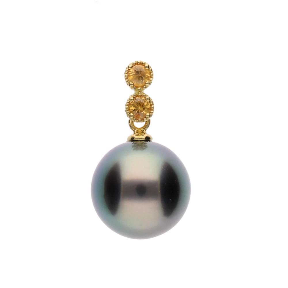 【鞠】ブラックパール（タヒチ 黒蝶真珠） 10mm セミラウンド イエローサファイア K18 イエローゴールド ペンダントトップ
