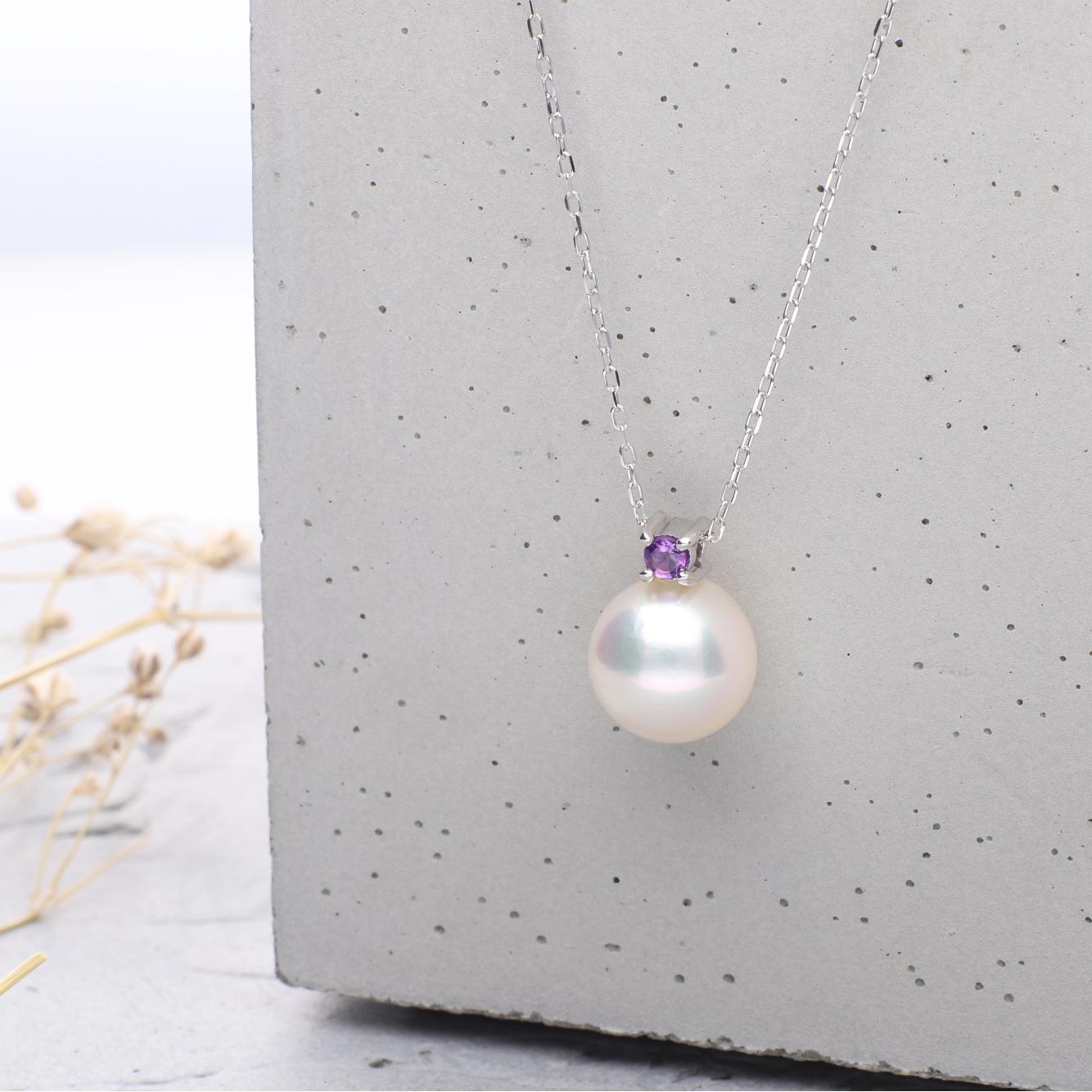 2月 誕生石 アメジスト 無調色 アコヤ真珠（日本） 8.0mm ラウンド Pt900 プラチナ ペンダント ネックレス（チェーン付き）