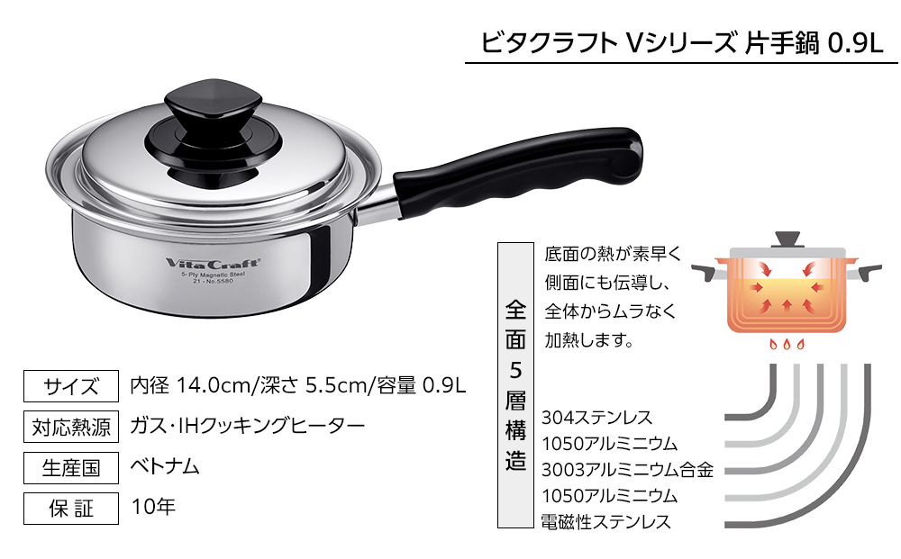 5580 ビタクラフト 片手鍋 0.9L Vシリーズ ガス・IH対応 熱しやすく 冷めにくい 全面5層構造 長期10年保証 鍋 お鍋 キッチン用品 調理器具 料理 汁物 煮物 人気 少量調理におすすめ Vita Craft