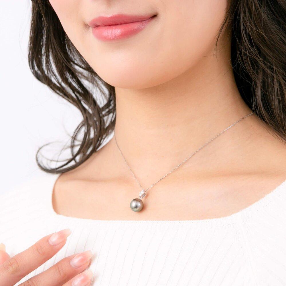 【星彩】ブラックパール ダイヤモンド ホワイトゴールド ペンダントトップ｜無調色 黒蝶真珠 タヒチパール 南洋真珠 10mm K18WG