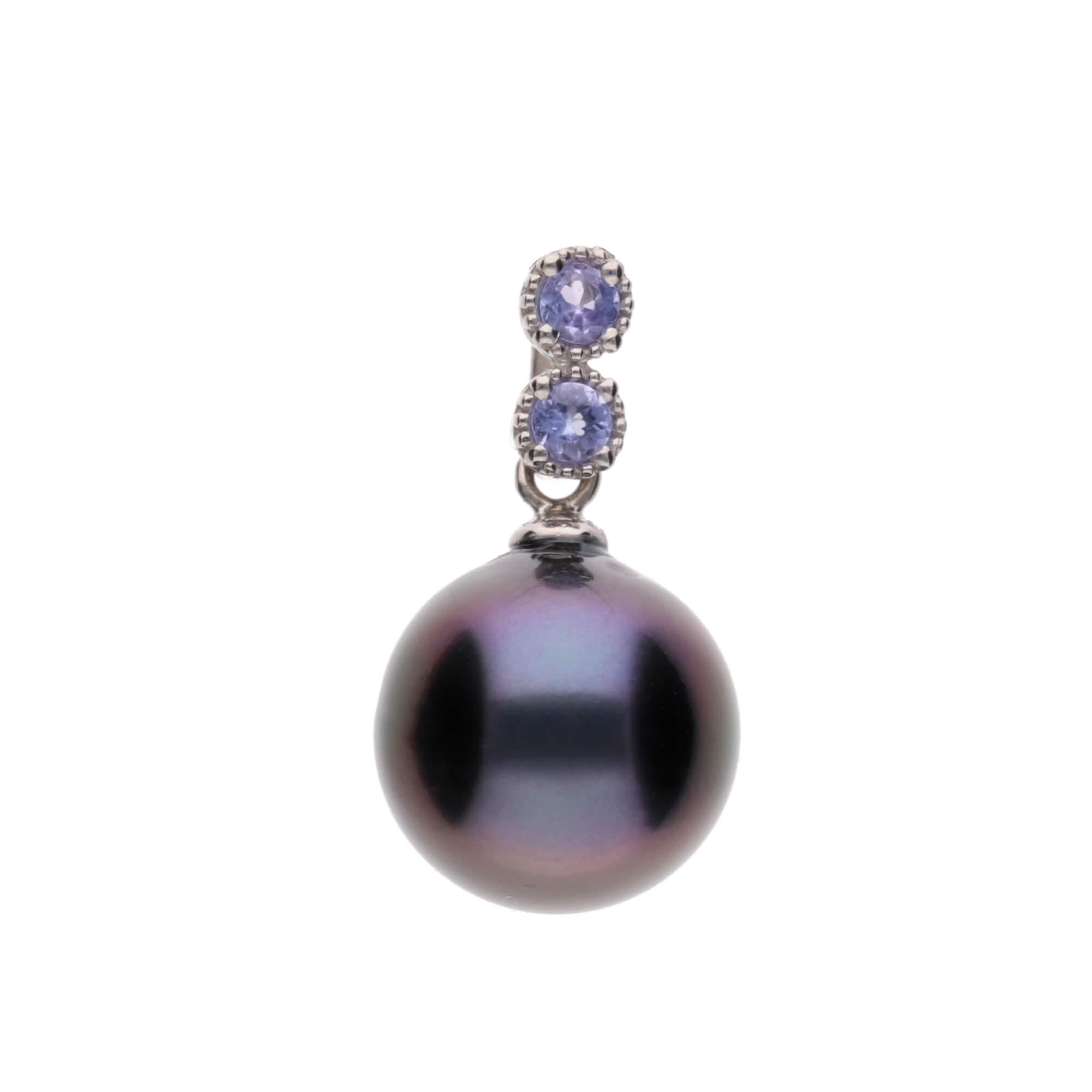 【水鞠】ブラックパール（タヒチ 黒蝶真珠） 10mm セミラウンド タンザナイト ペンダントトップ K18 ホワイトゴールド