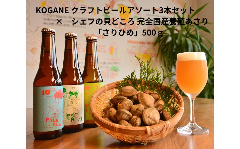 KOGANE クラフトビールアソート3本セット×シェフの貝どころ 完全国産養殖あさり「さりひめ」500g　国産 あさり アサリ 養殖 ビール 酒 兵庫県 姫路市