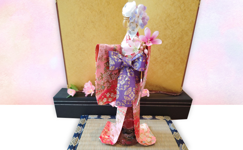着物ドールリウム 華姫(R)ガラスちゃん ピンク(桜模様)　ハーバリウム 着物ドール 人形 インテリア 華やか かわいい フラワーアレンジ 姫路市