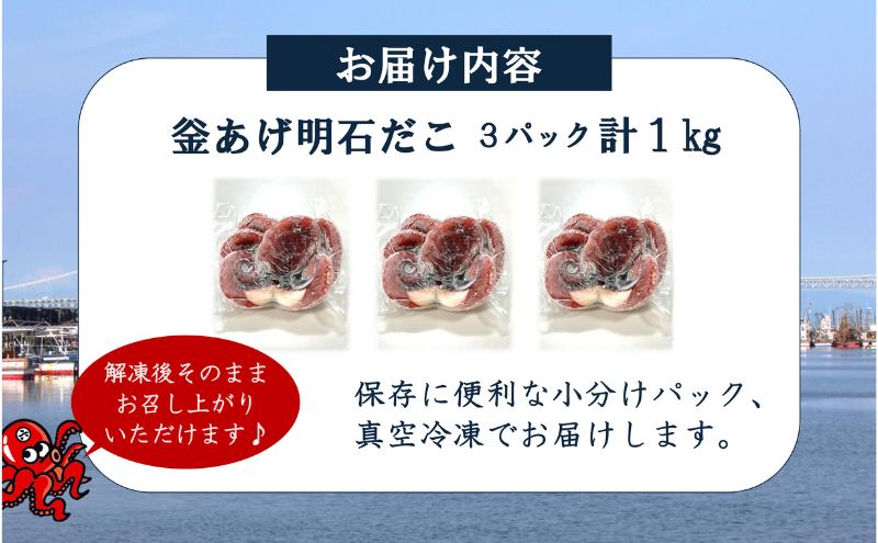 【明石産】ほんまにうまい！釜あげ明石だこ3尾1kg　前浜限定 鮮度抜群 産地直送 真空冷凍 冷凍 小分け 兵庫 明石林崎漁港 本場の味 老舗 海鮮【全国発送】