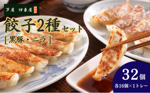 芦屋 伊東屋 謹製 黒豚餃子 ニラ餃子 2種セット [16個×2種]（醤油タレ 付き）【餃子 ぎょうざ ギョーザ 中華 点心 惣菜 おかず おつまみ 冷凍総菜 ジューシー 国産豚 豚肉 生ニラ もちもち皮 肉汁 たっぷり 冷凍 イトー屋 お取り寄せ ギフト お中元 お歳暮】