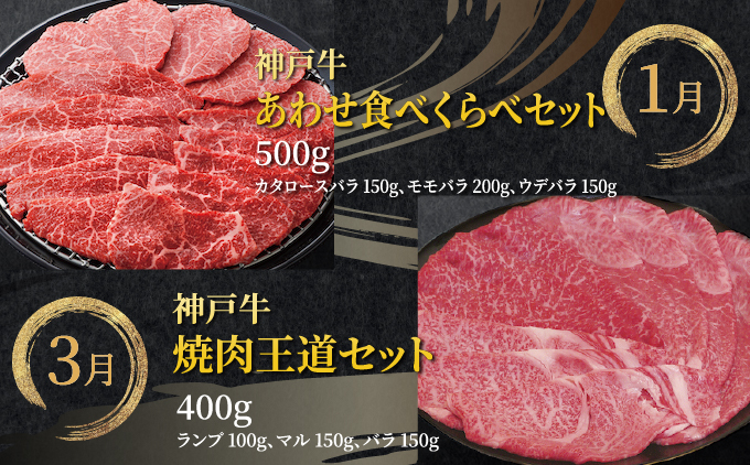  定期便 神戸牛 食べ比べCコース（6回お届け）[ 肉 牛肉 すき焼き しゃぶしゃぶ 焼肉 ステーキ お試し ]