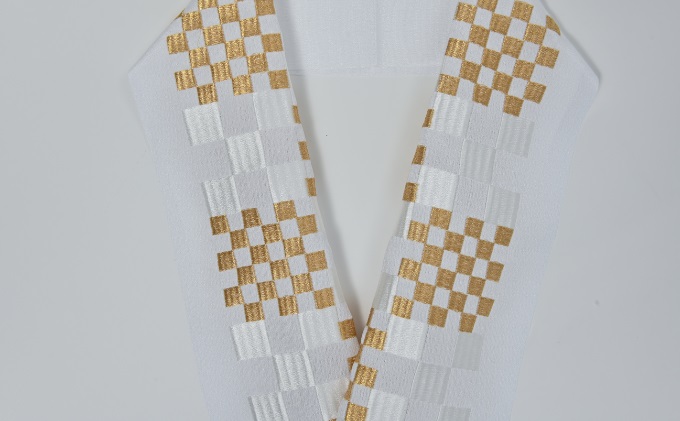 半衿 半襟 白地に白とゴールドの市松柄の刺繍 お着物に|JALふるさと