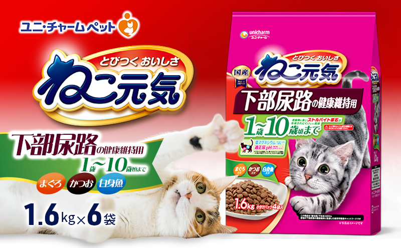 ねこ元気 下部尿路の健康維持用 1歳～10歳頃まで まぐろ・かつお・白身魚入り 1.6kg×6袋 ペットフード キャットフード 猫のごはん 猫用フード 猫 ペット ドライ ユニ・チャーム ペット ユニ・ケアー