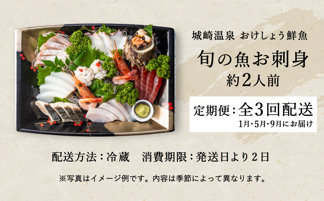 新鮮なお魚を捌いた日に冷蔵で発送！お刺身セット 約2人前 3回定期便（1月、5月、9月） / 刺身 盛り合わせ 新鮮 冷蔵 お刺身 セット 寿司ネタ お寿司 お魚 刺身盛り合わせ【城崎温泉 おけしょう鮮魚】【お電話で希望の配送日時を確認しますので受取安心】