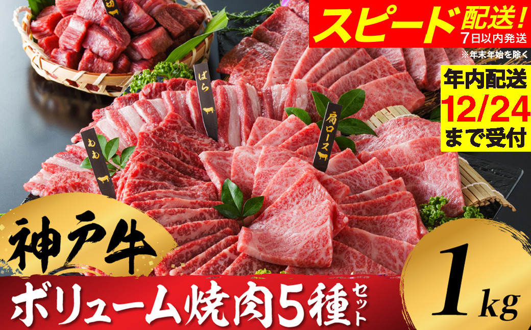 神戸牛 ボリューム焼肉セット 肩ロース 肩 モモ バラ 赤身角切り 1kg / 焼肉 食べ比べ 牛肉 小分け (200g×5種) 密着包装 赤身 霜降り国産牛 焼肉セット 焼き肉 冷凍 国産牛 ブランド牛 黒毛和牛 神戸ビーフ 化粧箱入り ギフト【帝神志方ミート】【12/24までの受注分年内発送】