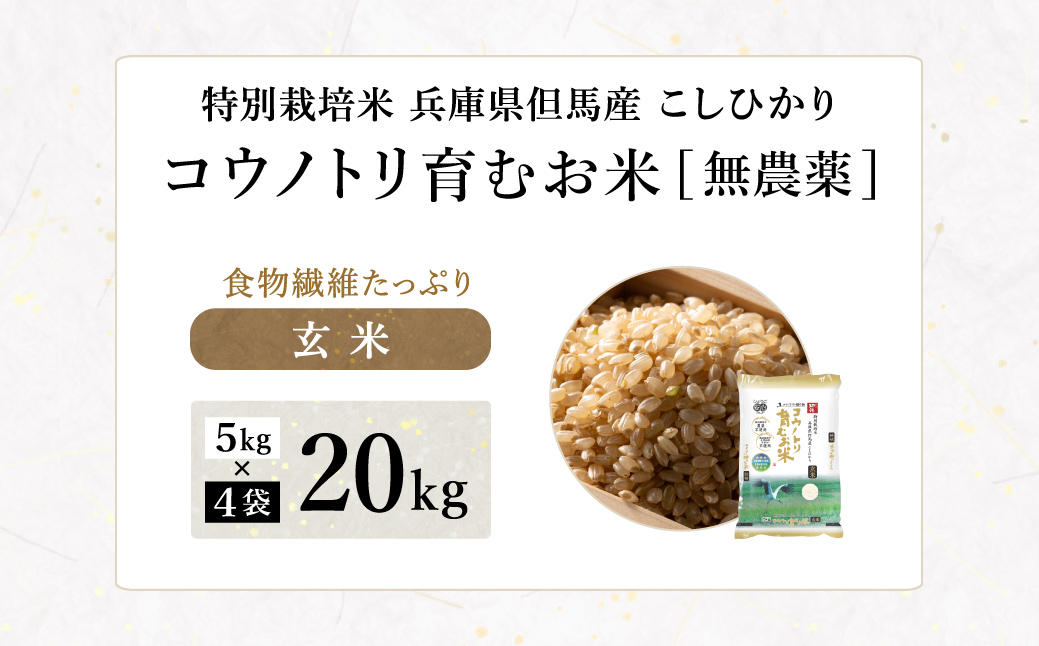 令和7年産 無農薬 玄米 20kg コウノトリ育むお米 但馬産 こしひかり 兵庫県産 (5kg×4袋) 無農薬 お米 20キロ 玄米 コウノトリ米 コシヒカリ 農薬不使用 特別栽培米 予約 コメ こめ ご飯 ライス 無農薬米