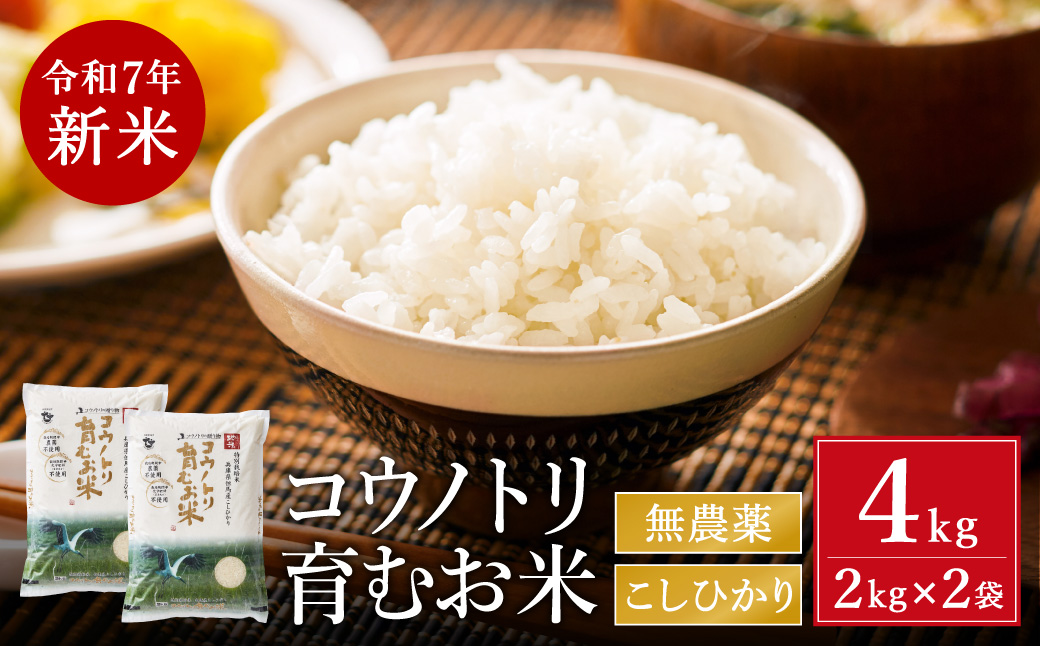 令和7年産　新米 無農薬 米 4kg コウノトリ育むお米 新米 但馬産 こしひかり 兵庫県産(2kg×2袋)（94-001）無農薬 お米 4キロ 精米 白米 コウノトリ米 コシヒカリ 農薬不使用 特別栽培米 新米 予約 コメ こめ ご飯 ライス 無農薬米