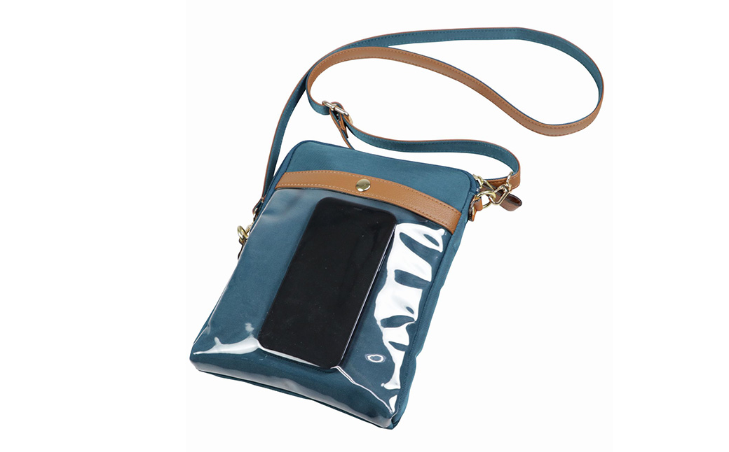 豊岡工房 牛革使い スマホが触れるショルダー（4185）ブルー / ショルダーバッグ スマホをいれたまま操作可能 ナイロン素材 薄マチ 軽量 ポシェット 斜めがけ メンズ レディース かばん カバン バッグ 鞄 国産 日本製 小田清株式会社