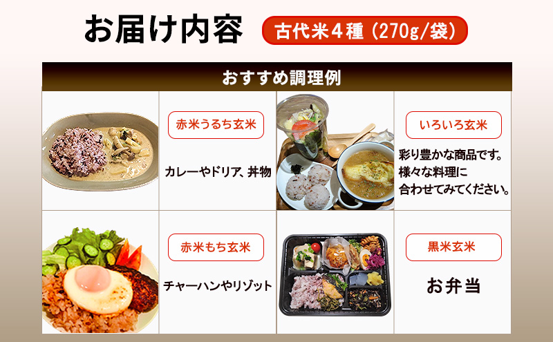 きすみの営農のおいしい古代米 食べ比べ 4種セット (270g×4袋) / 赤米 黒米 玄米 もち米 うるち米 お米 雑穀 食べくらべ 令和7年度産 きすみの 健康ごはん 食物繊維
