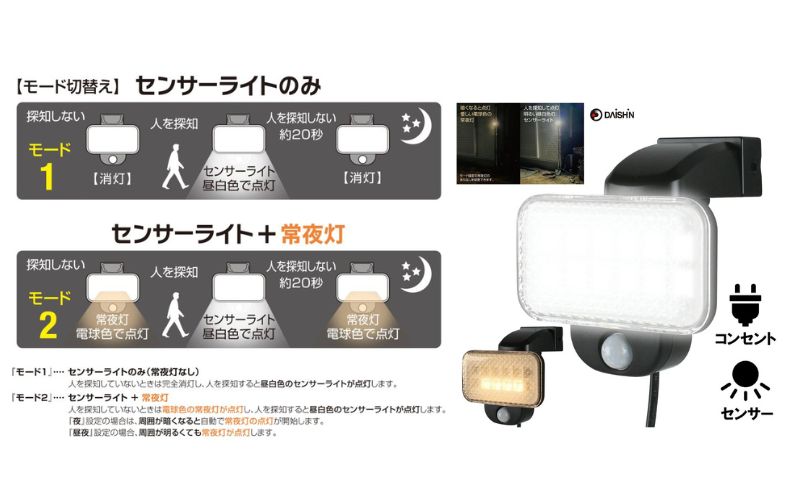 大進 LEDセンサーライト 常夜灯機能付き DLA-12T100 防犯ライト 100V 防雨 屋外 人感センサー 4939736903353