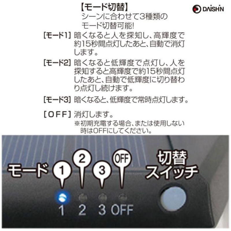 大進 広角ソーラーウォールライト DLS-WL005 防犯ライト ソーラーライト 防雨 屋外 人感センサー 4939736903872
