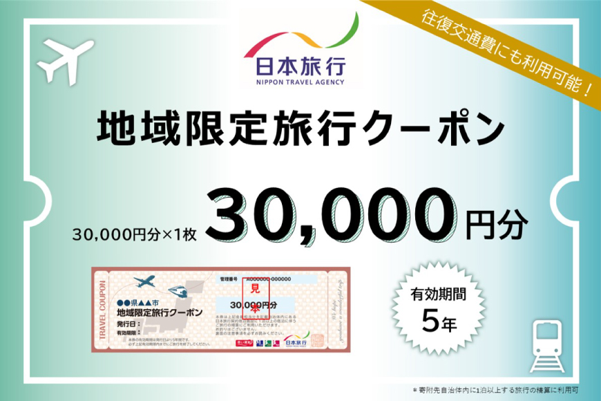 兵庫県三田市　日本旅行 地域限定旅行クーポン 30000円分 旅行 宿泊 旅行券 旅行クーポン クーポン券 宿泊費 交通費 観光 体験 精算 お出かけ 冬休み 夏休み 人気 ふるさと納税 ふるさと 人気 おすすめ 送料無料 兵庫県 三田市 [3d28bae370001]