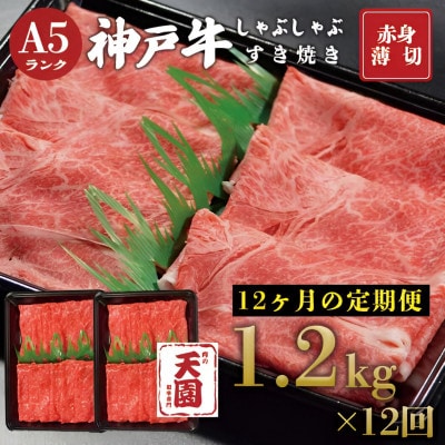 【毎月定期便】【ふるさと納税】神戸牛 赤身 モモ しゃぶしゃぶすき焼き1200g×全12回【配送不可地域：離島】【4083895】