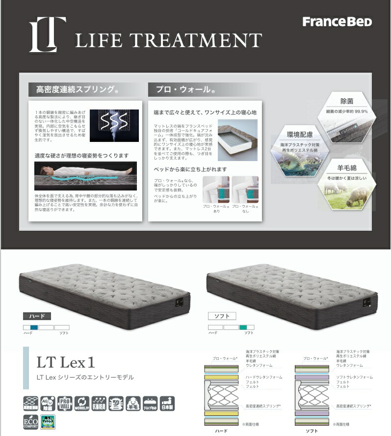 ライフトリートメントマットレス Lex1ハード シングル トリートメント 高品質 快眠 睡眠改善 マットレス 寝具 ベッド ハード 硬め かため 体圧分散 新生活 引越し祝い 兵庫県 丹波市