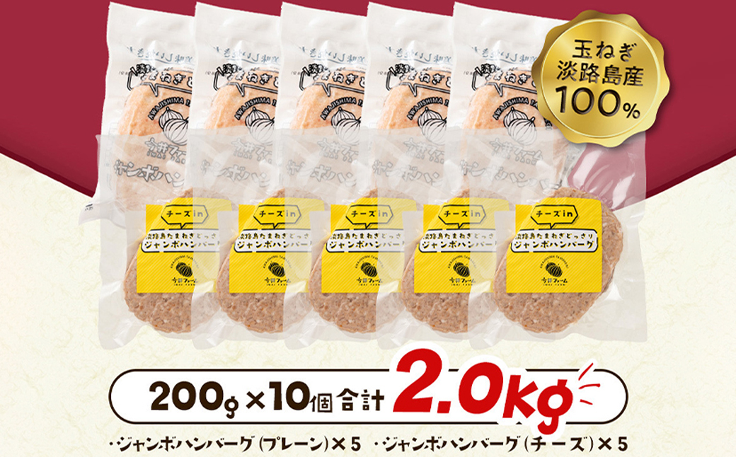 淡路島たまねぎどっさりジャンボハンバーグ プレーン＆チーズセット 200g×10個　　[チーズハンバーグ 食べ比べ 人気]