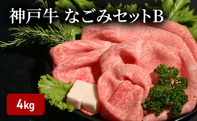 神戸牛なごみセットB（4kg）  [肉 牛肉 神戸牛 最高級肉 神戸ビーフ 神戸肉 但馬牛 もも スライス すき焼き 肩ロース ロース ステーキ 焼肉 食べ比べ お取り寄せ 加東市 兵庫県]