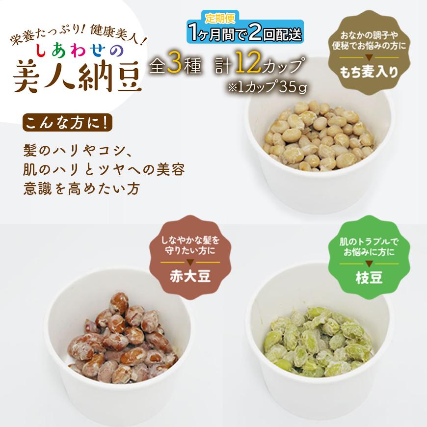 定期便 1か月間 2回お届け 計12パック しあわせの美人納豆　【 赤大豆 / もち麦入り / 枝豆 】 3種6パックを隔週でお届け 自分へのご褒美 キレイをサポート 美容意識 健康食品 納豆 大豆