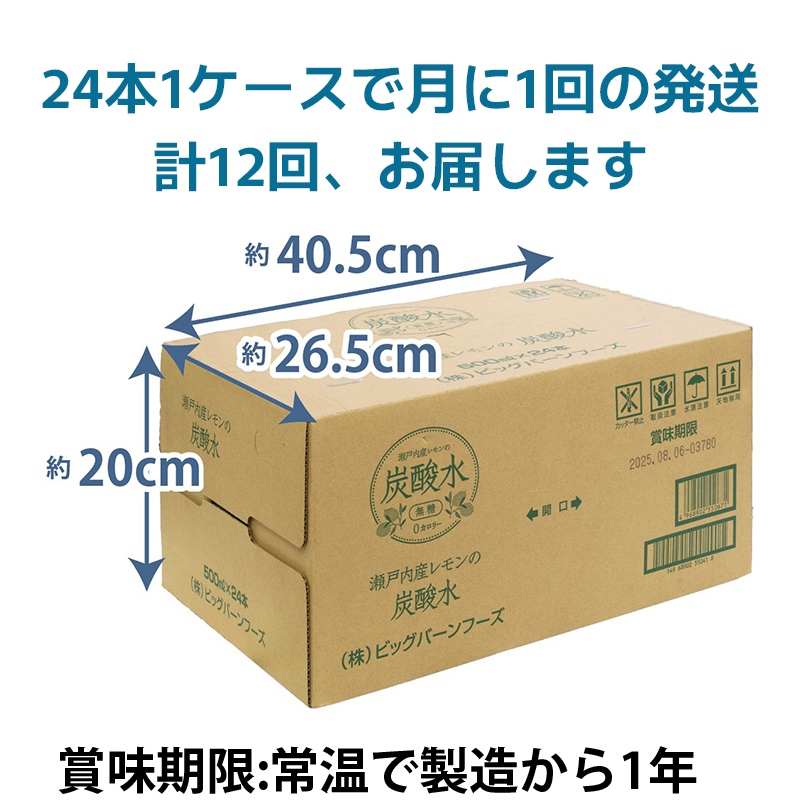炭酸水 定期便 毎月 12回 レモン 500ml×24本 ソーダ 瀬戸内産 レモンエキス