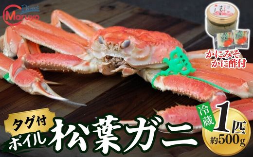 【ボイル松葉ガニ 1匹（約500g）かにの身入りかにみそ 三杯酢付 冷蔵】ご入金確認後、1ヶ月程度で配送予定 配送前に事前連絡いたします 香住･山陰沖で水揚げされた新鮮な松葉ガニを熟練の職人が茹で上げ カニの本場 香住 新鮮 国産 鍋 かにすき 脚 足 爪 身 肩 兵庫県 香美町 香住 柴山 ズワイガニ マルヨ食品 マルヨダイレクト 17-31