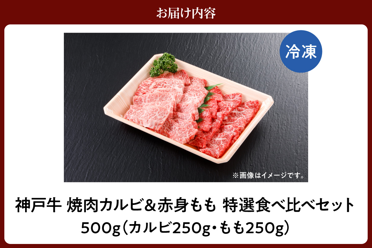 【神戸牛 焼肉 カルビ＆赤身もも 特選 食べ比べセット 500g（カルビ250g、もも250g）冷凍】 産地直送 牛肉 しゃぶしゃぶ すき焼き 牛丼 カレー バーベキュー BBQ キャンプ 焼肉 和牛 KOBE BEEF 最高級の肉質 神戸牛 松阪牛 近江牛 三大銘牛 ふるさと納税 おすすめ 返礼品 大人気 但馬 神戸 美方 小代 兵庫県 香美町 平山牛舗 25000円 KBB 61-04