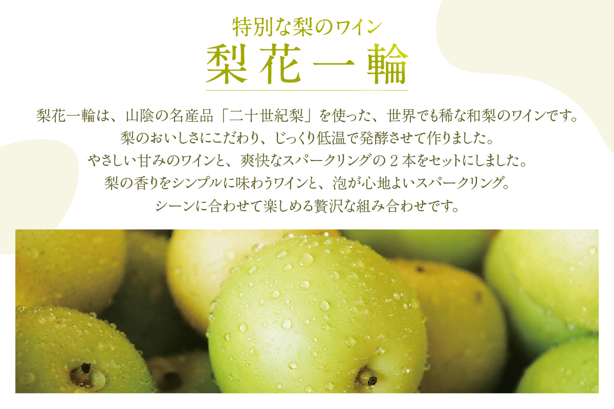 【梨のワインセット 梨花一輪360ml×1本 梨のスパ－クリングワイン360ml×1本】常温 梨花一輪 二十世紀梨 和梨 甘口 スパークリング 日本 ワイン お酒 洋酒 飲み比べ 母の日 父の日 記念日 贈答 ギフト おすすめ 香美町 香住 兵庫県 トキワ 15000円 16-24