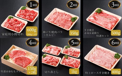 【神戸牛 定期便 平山牛舗の厳選神戸牛 月1回発送 全6回 冷凍 産地直送】細切れ600g 焼肉バラ(カルビ)350g すき焼き500g 赤身ステーキ150g×2 切り落とし1kg 特上ロースすき焼き400g 牛肉 KOBE BEEF 神戸牛 松阪牛 近江牛 三大銘牛 ふるさと納税 おすすめ 返礼品 但馬 神戸 美方 小代 兵庫県 香美町 平山牛舗 KBB 61-14