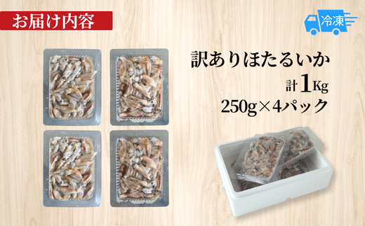 【先行予約】【訳あり ほたるいか 小分け 250g×4パック 1kg 香住産 冷凍】R7.2月下旬から3月末に順次発送予定 刺身でも食べられる美味しいホタルイカ兵庫県はホタルイカ水揚げ日本一！ ホタルイカ いか 生ほたるいか 便利 兵庫県 香住 日本海 珍味 海鮮 刺し身 生食 しゃぶしゃぶ  グルメ ギフト ふるさと納税 8000 8000円 以下 日本海フーズ にしとも かに市場 07-95