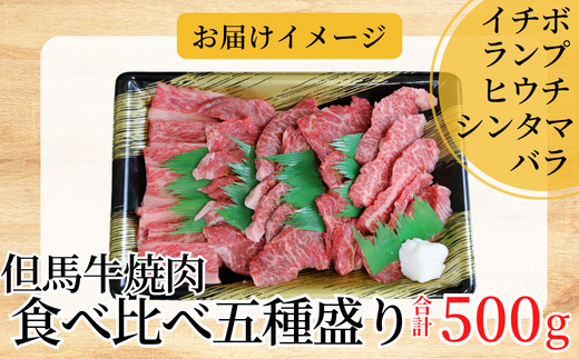 但馬牛 焼肉 食べ比べ五種盛 合計500g（イチボ100g ランプ100g ヒウチ100g シンタマ100g バラ100g）冷凍　発送目安：貴重な部位のためお届けに1〜2か月要する場合があります  02-18