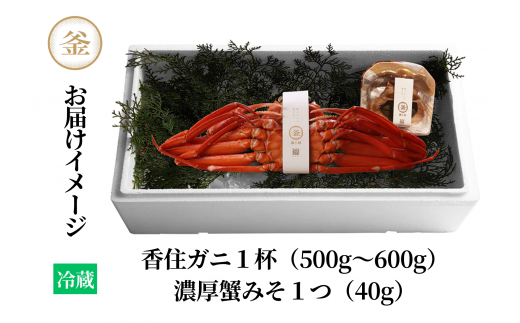 【香住ガニ 釜茹で香住ガニ1杯（500g～600g）と自家製濃厚蟹みそ1個（40g）セット 冷蔵】カニの本場 香住 ベニズワイガニ 甘みが強くジューシーな旨味 入金確認後順次発送 配送日指定不可 兵庫県 香美町 カニ かにみそ ボイル 脚 カニ身 職人が見極めて手作業で炊き上げ 一切冷凍保存を行わない私たちのカニはミシュラン星付きレストランからも注文が入ります カネリョウ 25000円 39-01