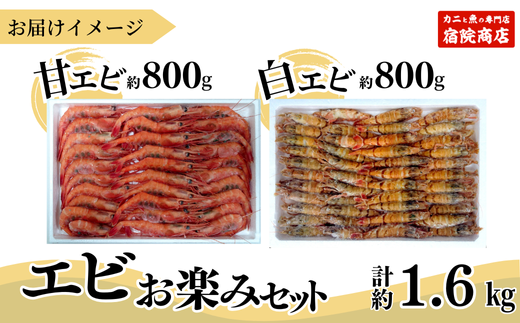 【エビ お楽しみセット 白えび（1箱約800g）甘えび（1箱約800g）合計1.6kg 香住産 冷凍】※発送目安：入金確認後、順次発送  鮮度抜群の甘エビと白エビの2種類。水揚げ後、すぐに船内で急速冷凍した商品です。漁師が食べている新鮮な旨みをたっぷり味わってください。お刺身 焼き物 塩ゆで フライ 唐揚げ 鍋物 海鮮丼 大人気 ふるさと納税 香住 柴山 香美町 宿院商店 26000円 33-09