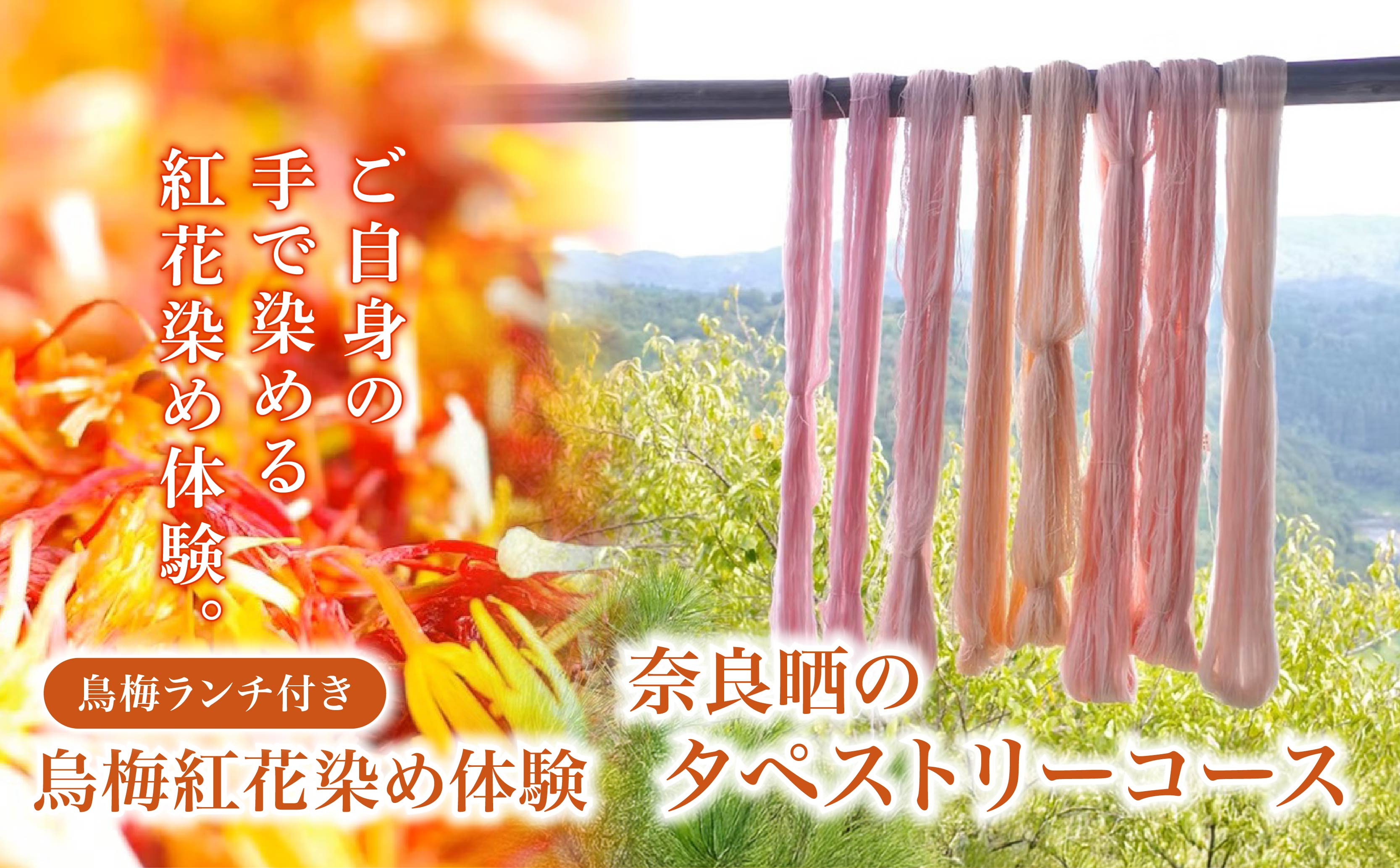 烏梅 紅花染め体験 タペストリーコース ランチ付き 染め体験 烏梅 タペストリー 家具 インテリア 染め ランチ 昼食 家庭料理 烏梅茶 お茶 お食事 食事 チケット 券 体験チケット 梅古庵 奈良県 奈良市