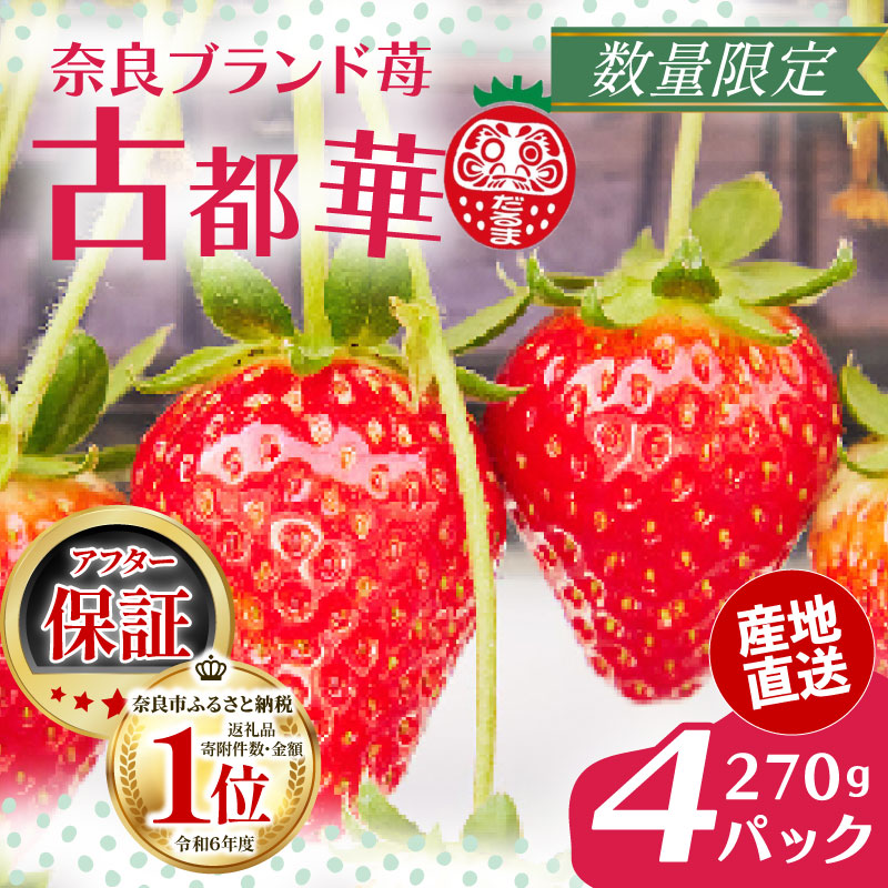 いちご 古都華 270g×4パック 数量限定 苺 イチゴ ブランド 大粒 旬 産地直送 フルーツ 果物 冷蔵 フレッシュ 小分け 国産 贈答用 プレゼント ギフト 奈良産 高級 厳選 限定 新鮮 産地 直送 ブランド苺 甘い 人気 美味しい 糖度 12～13度 限定出荷 奈良市 奈良県 大ちゃん いちご 農家 だるま