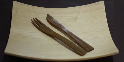 木製 デザートカトラリー ４本セット／津田瑞苑 ガラスコーティング スプーン ヨーグルト用スプーン フォーク ナイフ リグナムバイタ